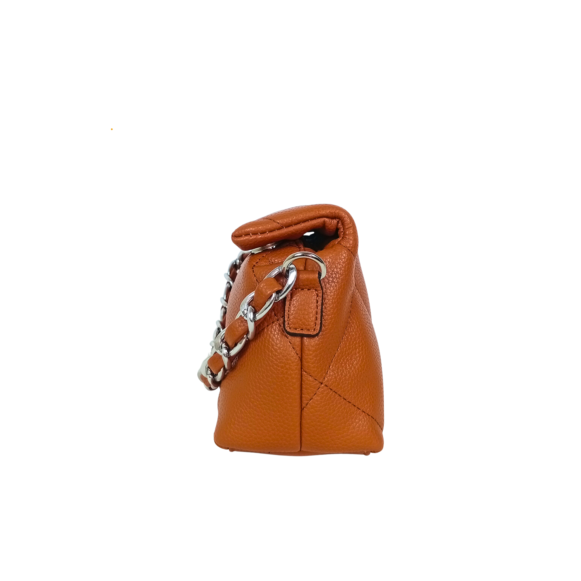 Brown leather handbag with a silver chain on a white background