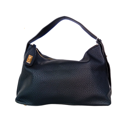 Black leather handbag with a gold clasp on a white background