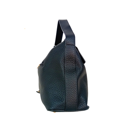 Black leather backpack on a white background