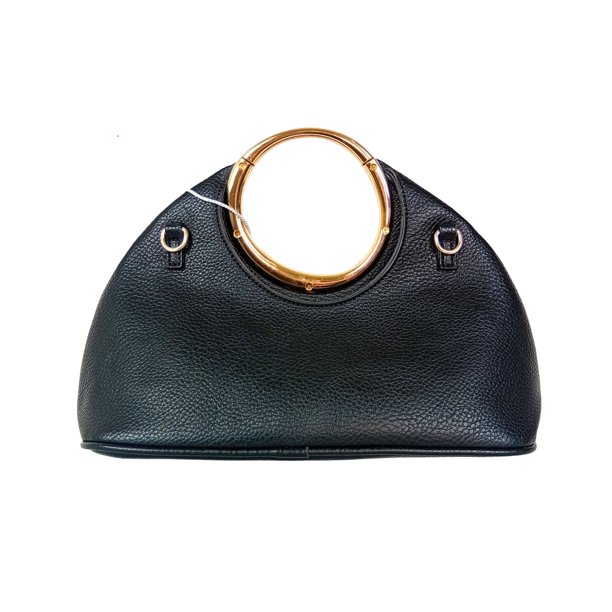 Black handbag with gold circular handle on a white background