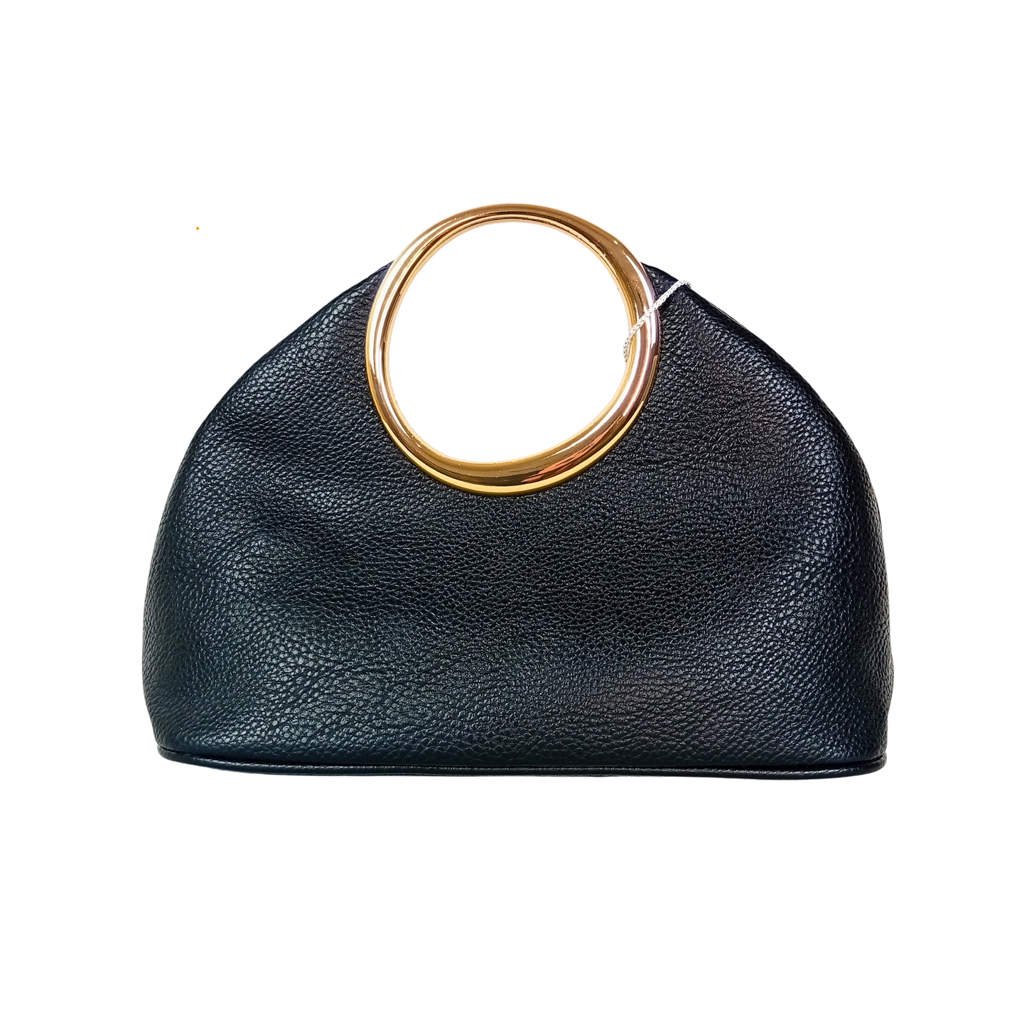 Black handbag with a gold circular handle on a white background