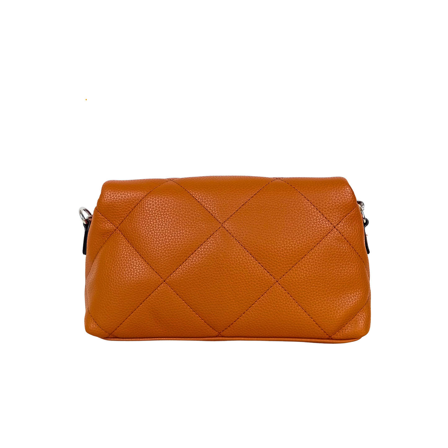 Orange quilted handbag on a white background