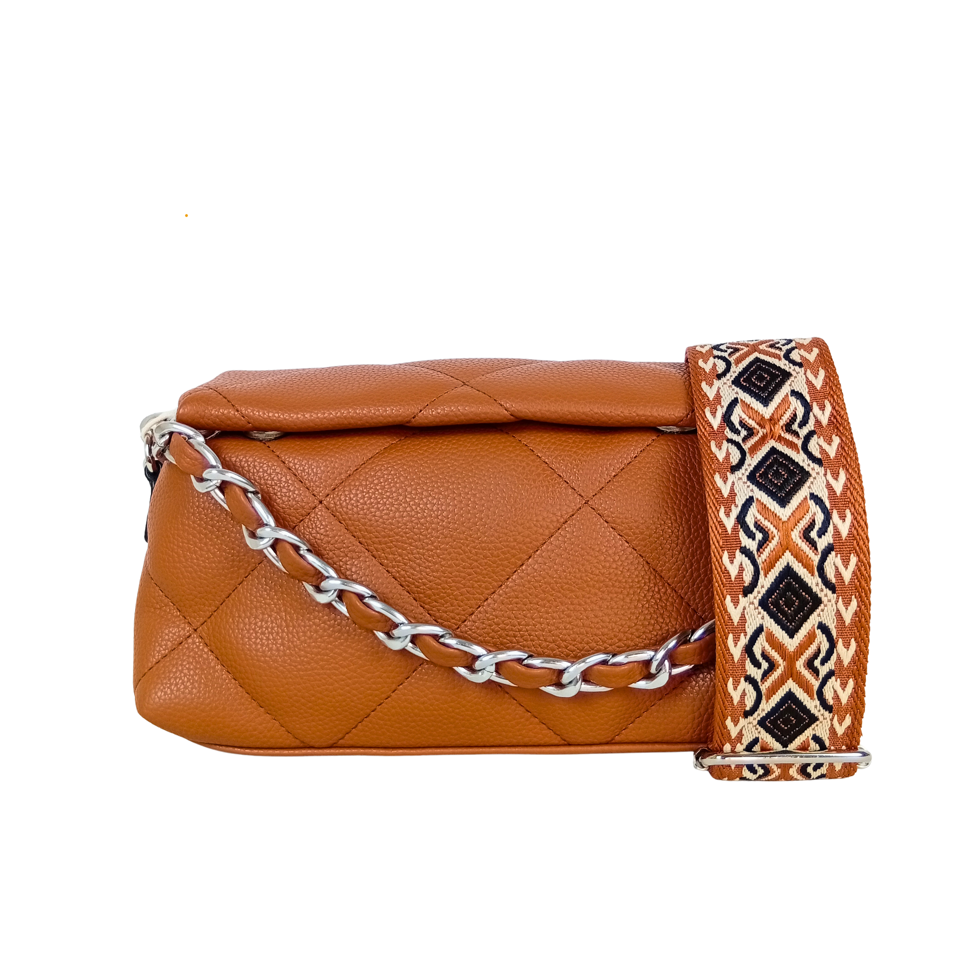 Brown quilted handbag with a patterned strap on a white background