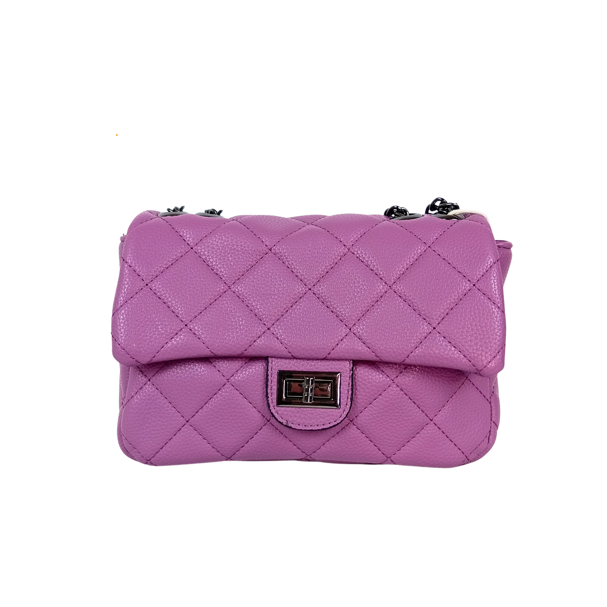Purple quilted handbag on a white background