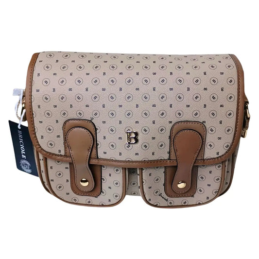 Patterned handbag with brown accents on a white background