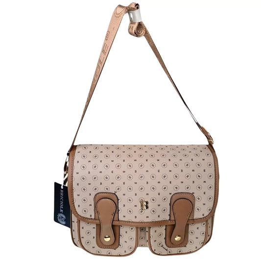 Patterned handbag with brown accents on a white background