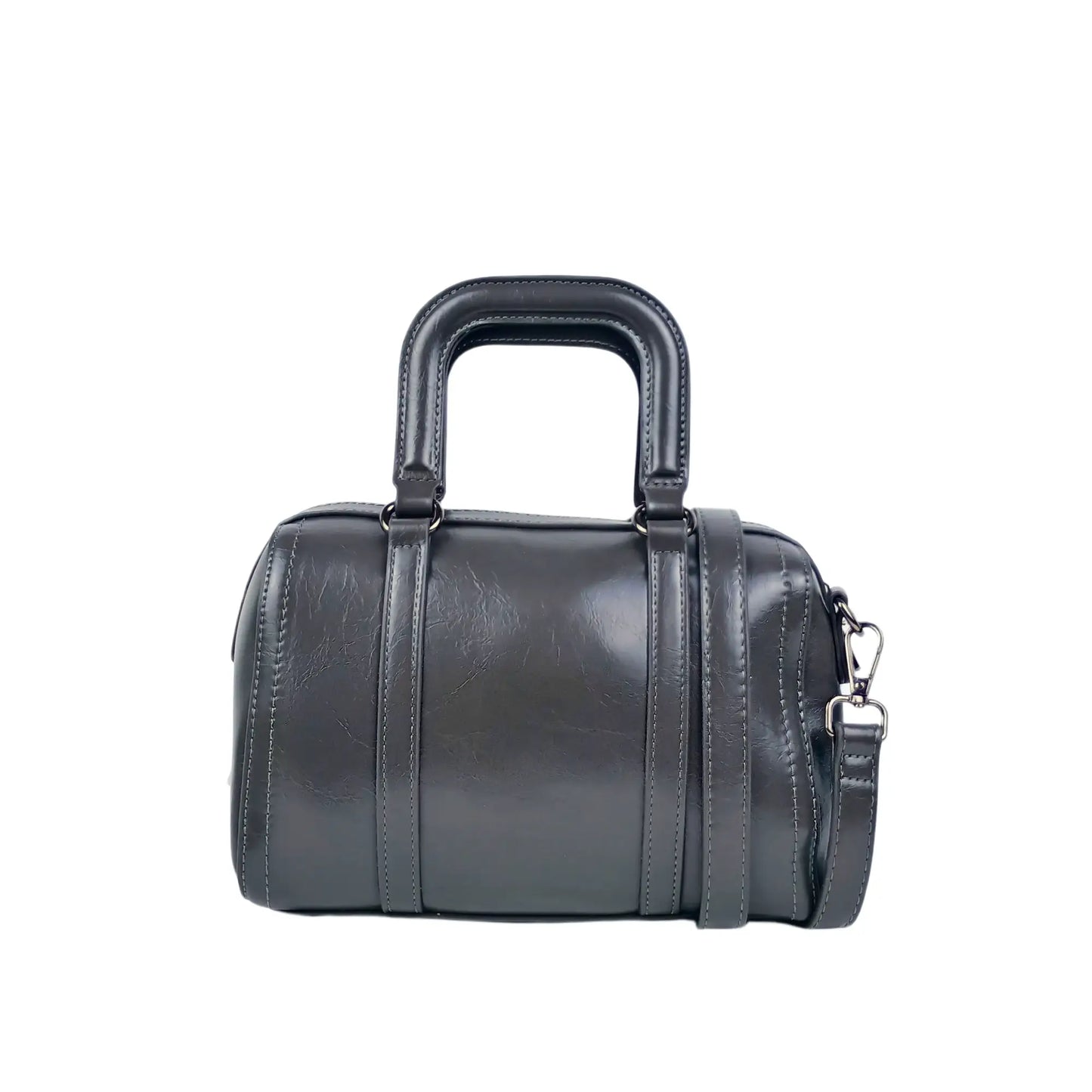 Dark gray faux leather ladies designer handbag with removable shoulder strap
