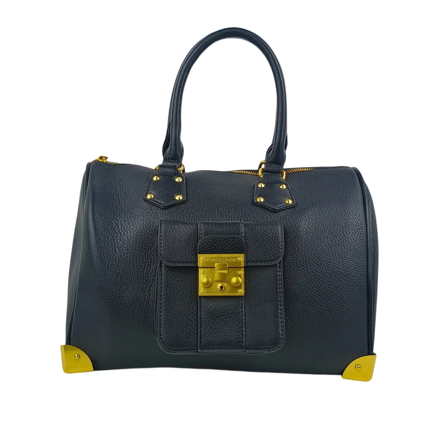 Enrico Doctor Bag Black Leather Duffel with Removable Shoulder Strap and Gold Hardware