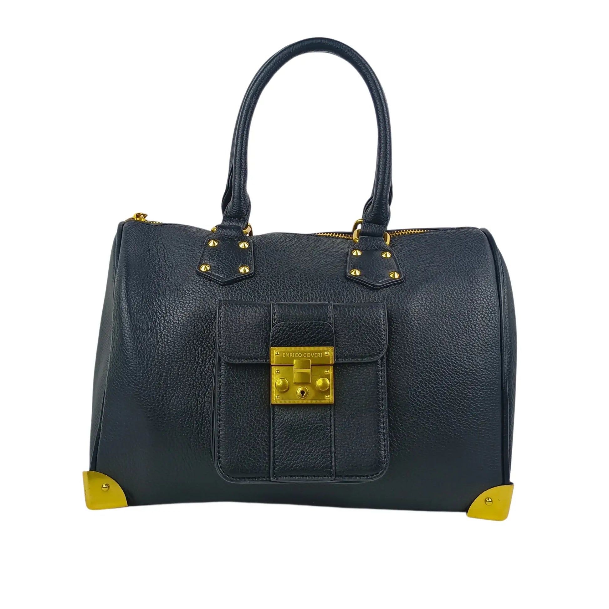 Enrico Doctor Bag Black Leather Duffel with Removable Shoulder Strap and Gold Hardware