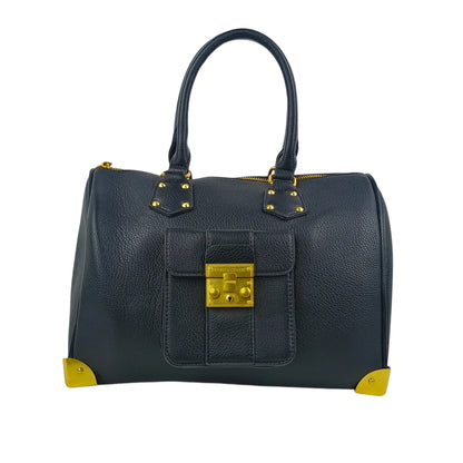 Enrico Doctor Bag Black Leather Duffel with Removable Shoulder Strap and Gold Hardware