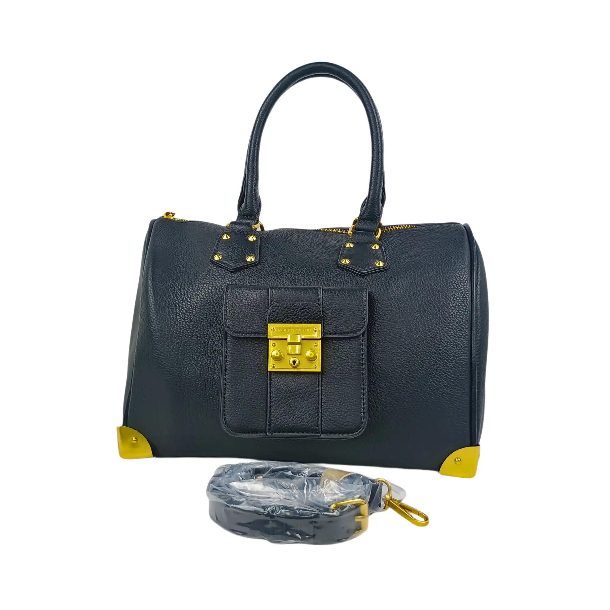 Dark blue textured leather Enrico Doctor Bag with gold hardware and removable shoulder strap
