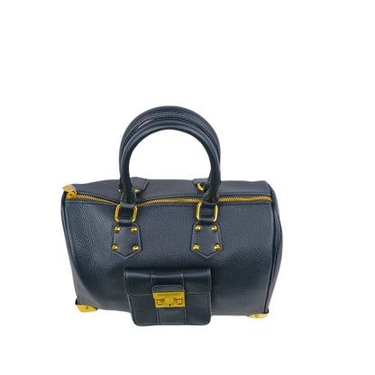 Dark blue leather Enrico Doctor Bag with removable shoulder strap and gold hardware