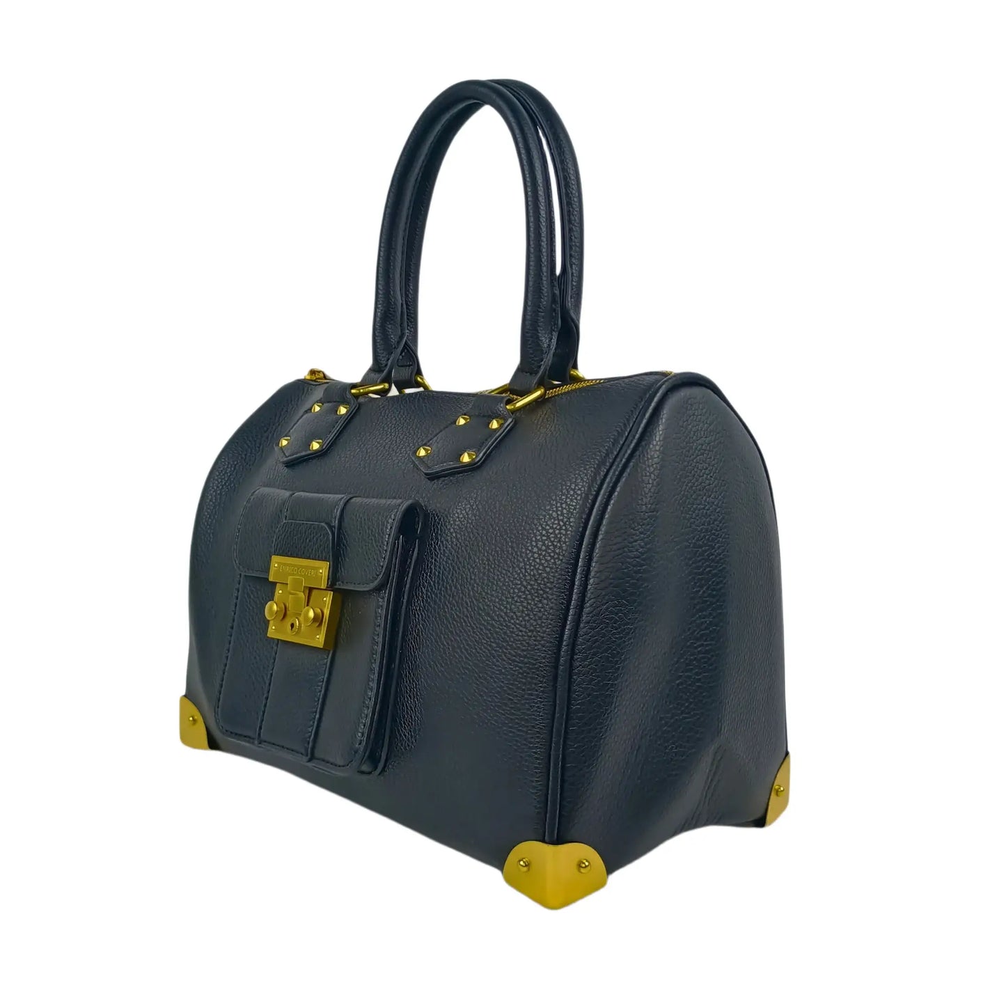 Enrico Doctor Bag black leather duffel with removable shoulder strap and gold hardware
