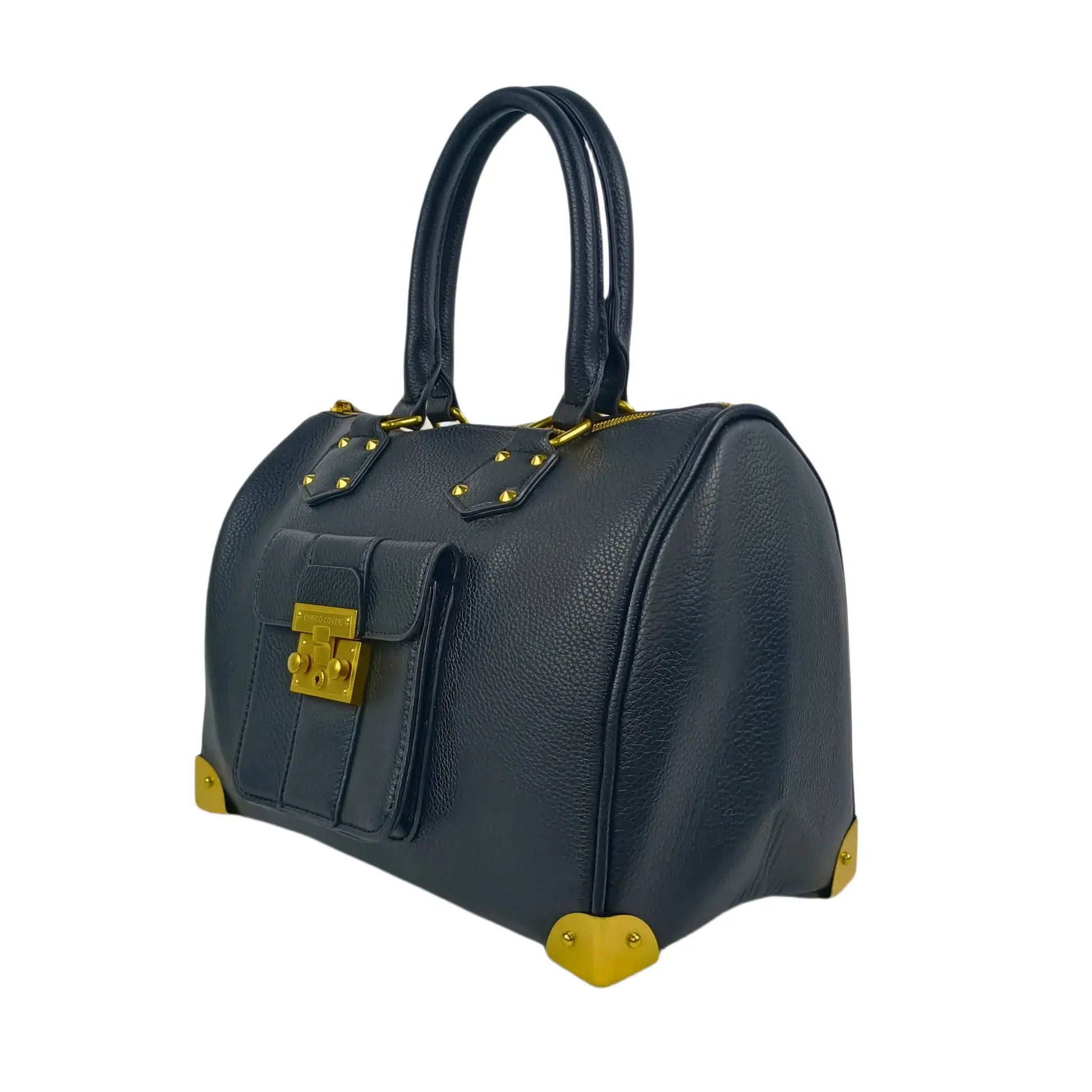 Enrico Doctor Bag black leather duffel with removable shoulder strap and gold hardware