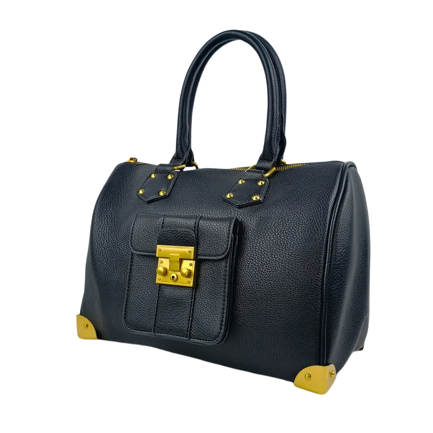 Enrico Doctor Bag Black Leather Duffel with Removable Shoulder Strap and Gold Hardware