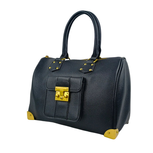 Enrico Doctor Bag Black Leather Duffel with Removable Shoulder Strap and Gold Hardware