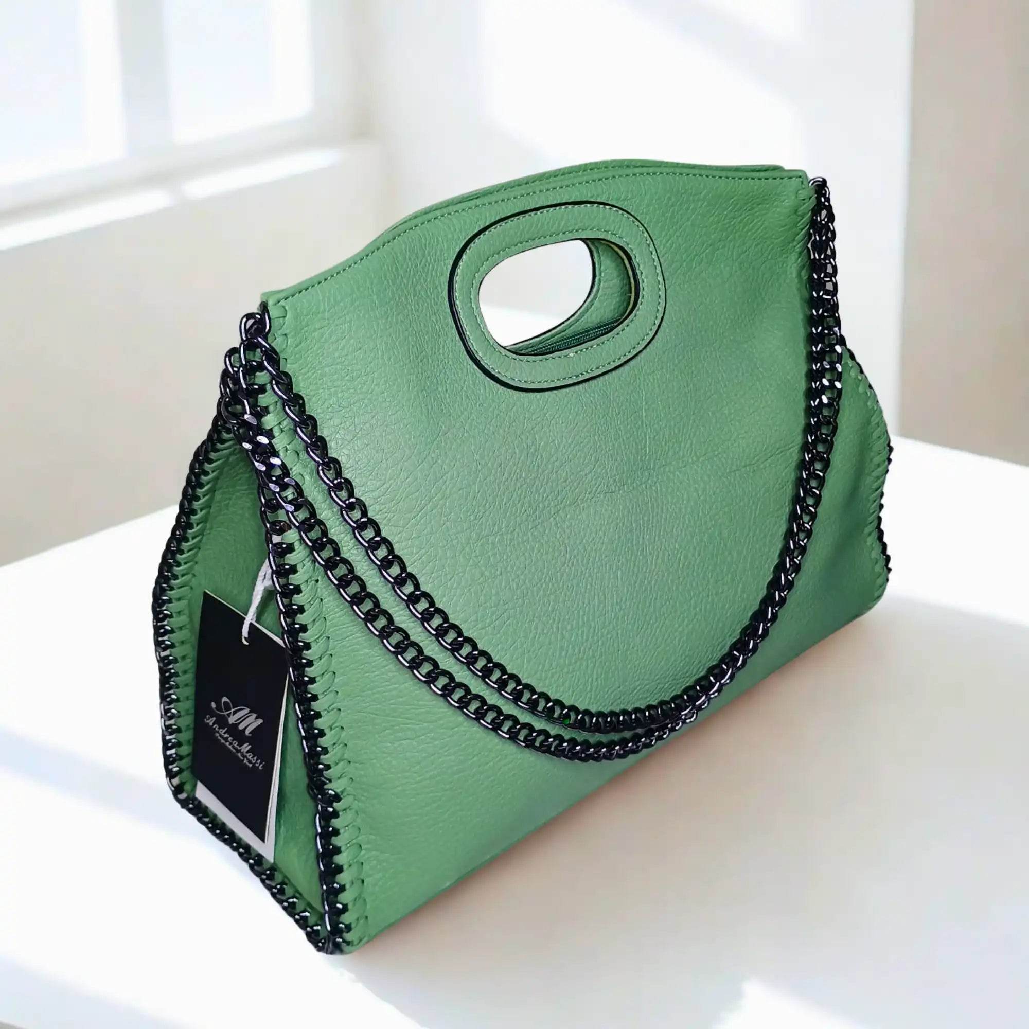 light-green-faux-leather-handbag-black-chain-cut-out-handle - Stile Donna Bags