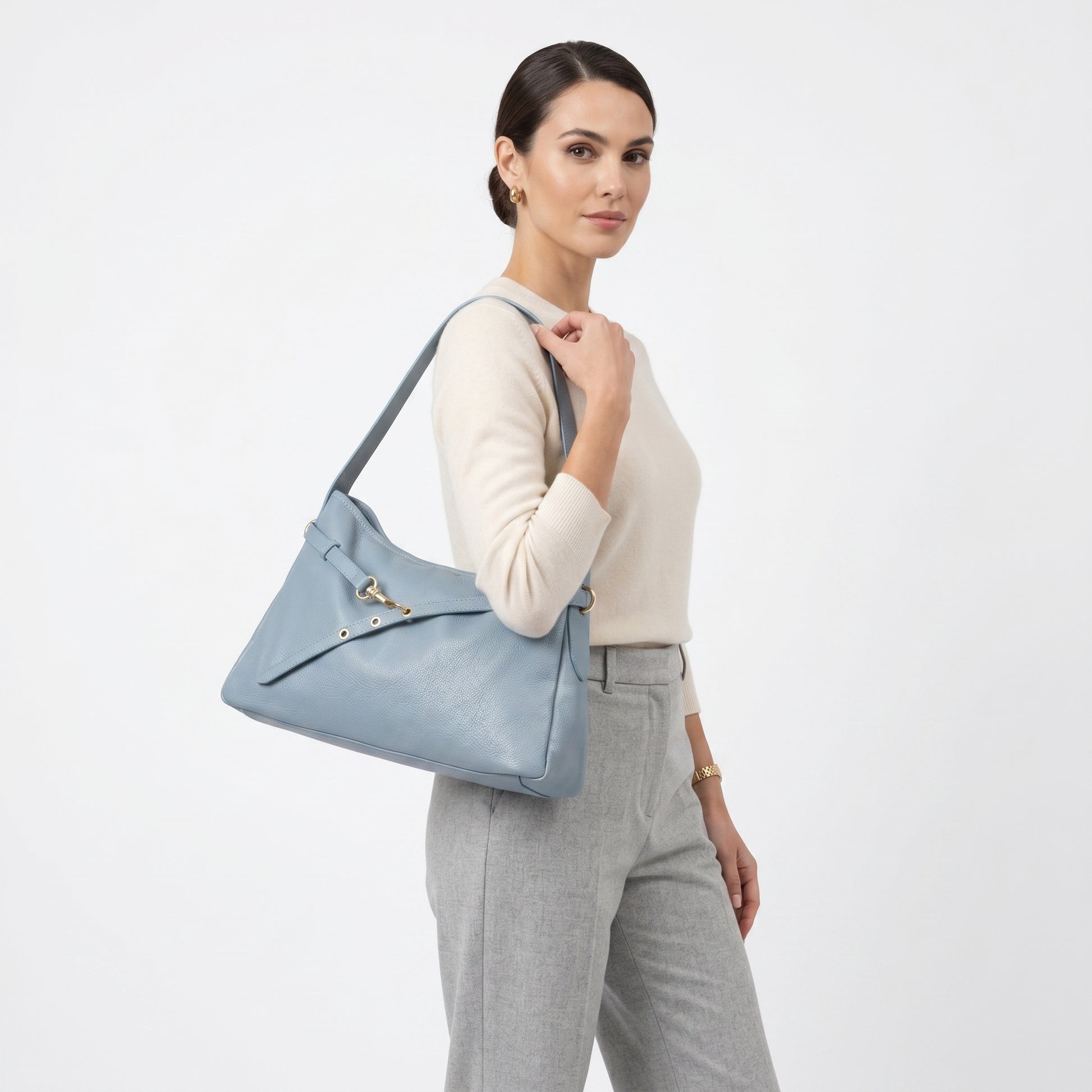 Allicia Borsa a Tracolla in Vera Pelle con Chiusura Cerni… | Close-up chiusura | vera pelle | Bianco