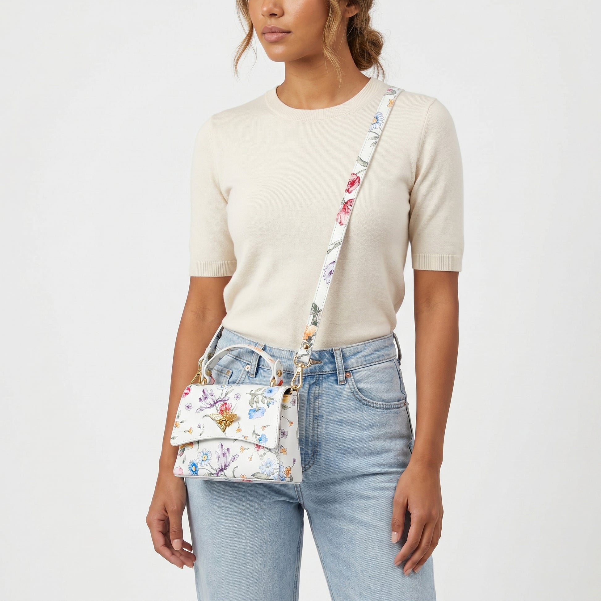 Mini borsa a farfalla in vera pelle, con stampa floreale - Made in Italy by Stile Donna Bags