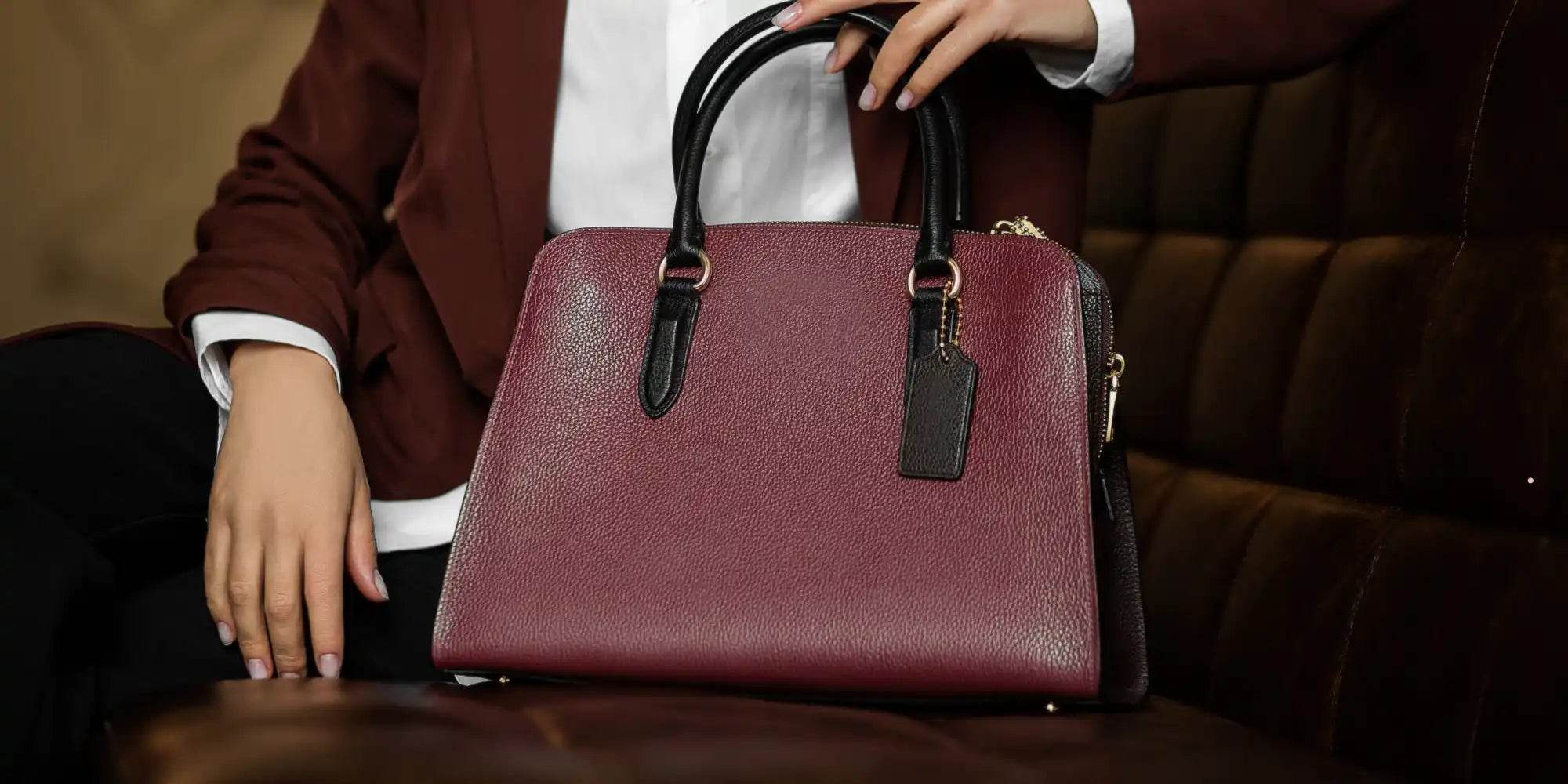 maroon-leather-satchel-black-handles-tag - Stile Donna Bags
