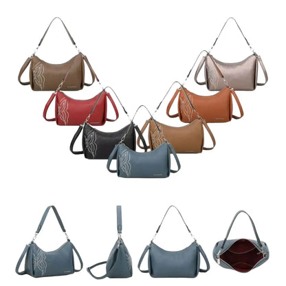 Women leather handbag collection featuring shimmering decorative designs in multiple colors