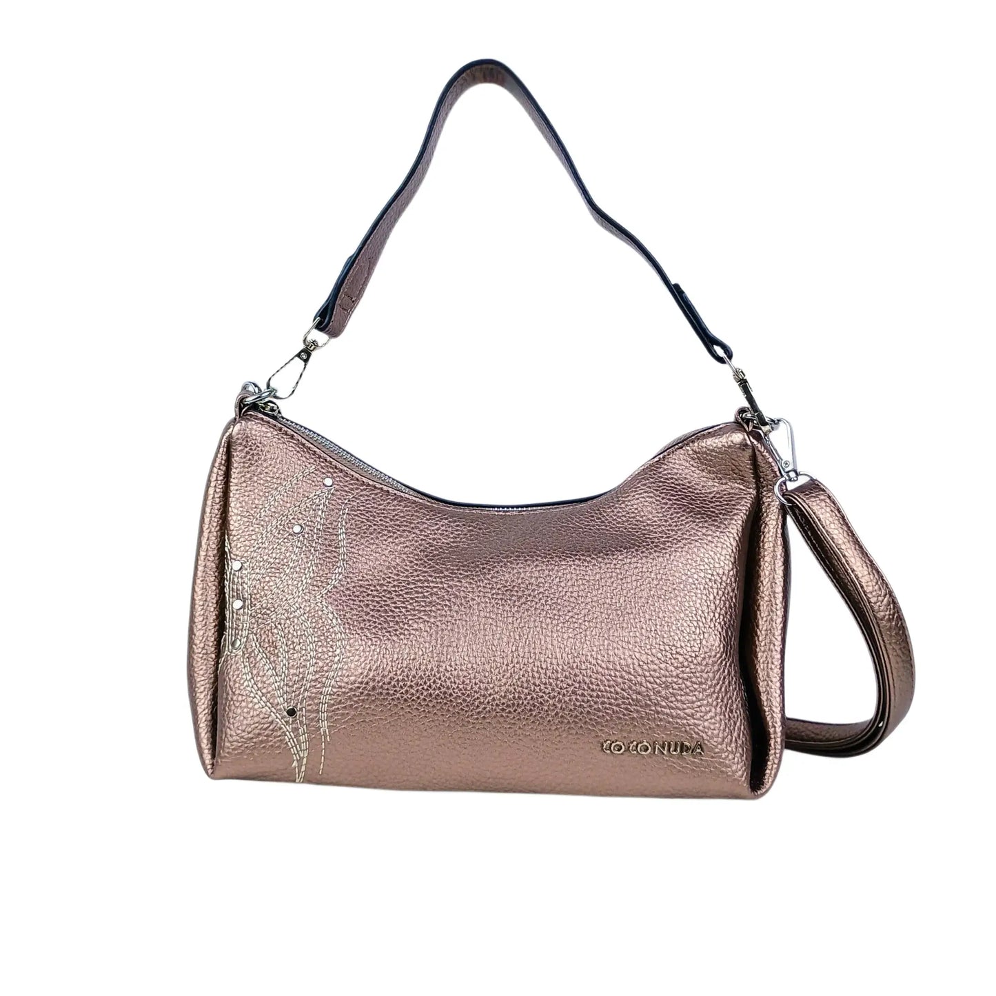 Metallic rose gold women leather handbag with textured finish and beaded design