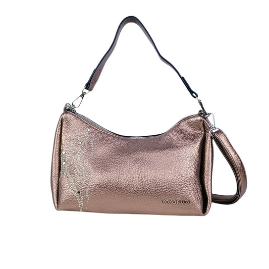 Metallic rose gold women leather handbag with textured finish and beaded design