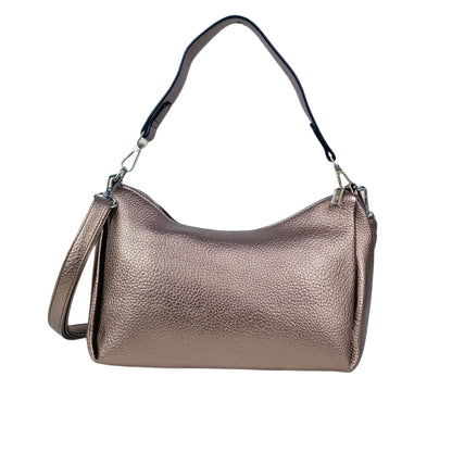 Metallic rose gold women leather handbag with beaded design and detachable strap