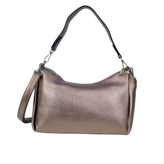 Metallic rose gold women leather handbag with beaded design and detachable strap