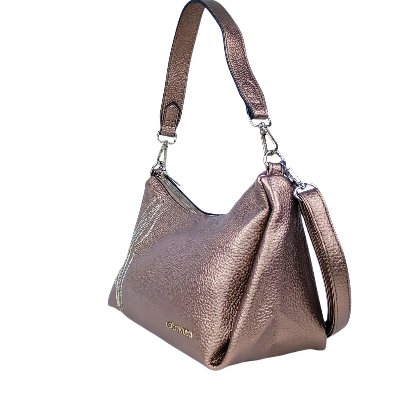 Bronze-colored women leather handbag with detachable straps and silver-tone hardware