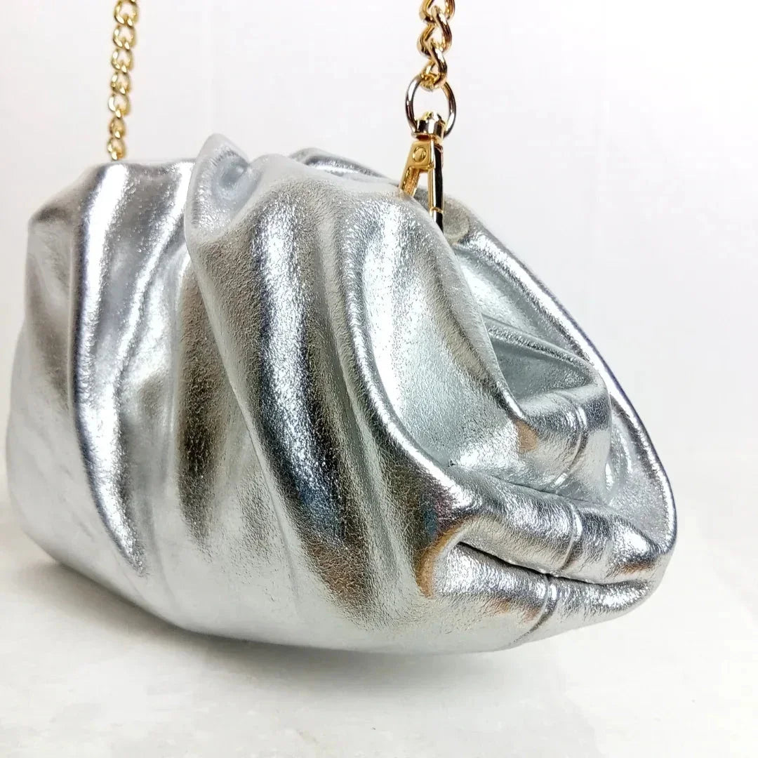Metallic silver ruched clutch bag with gold chain MS-8799 - Stile Donna Bags