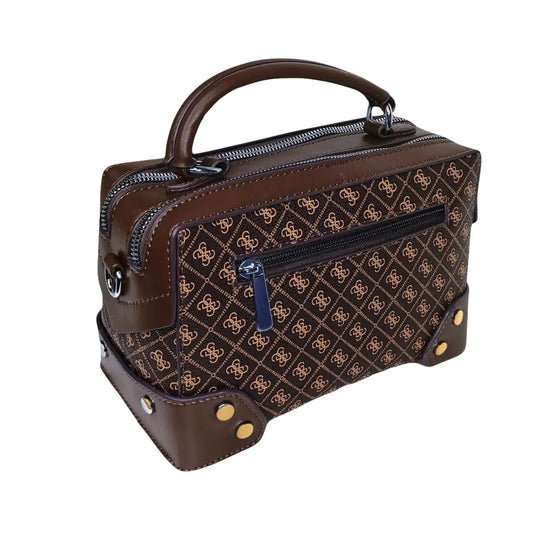 Brown handbag with a pattern on a white background