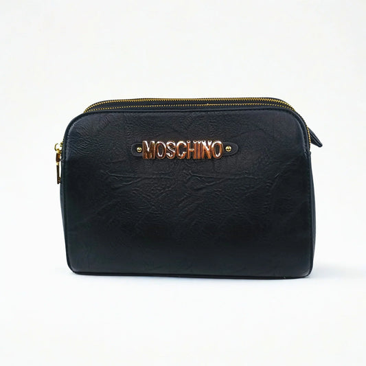 Black handbag with gold Moschino logo on a white background