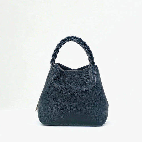 Mustard Yellow Leather Bucket Handbag with Braided Handle - Stile Donna Bags