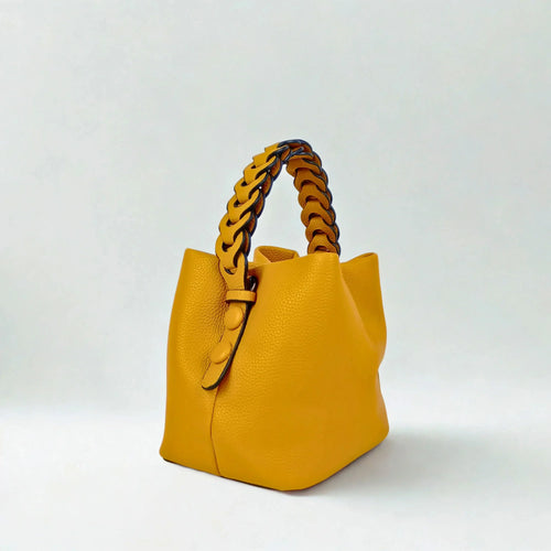 Mustard Yellow Leather Bucket Handbag with Braided Handle - Stile Donna Bags