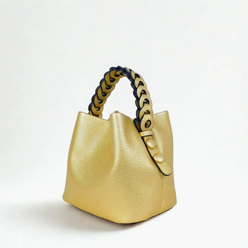 Mustard Yellow Leather Bucket Handbag with Braided Handle - Stile Donna Bags