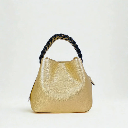 Mustard Yellow Leather Bucket Handbag with Braided Handle - Stile Donna Bags