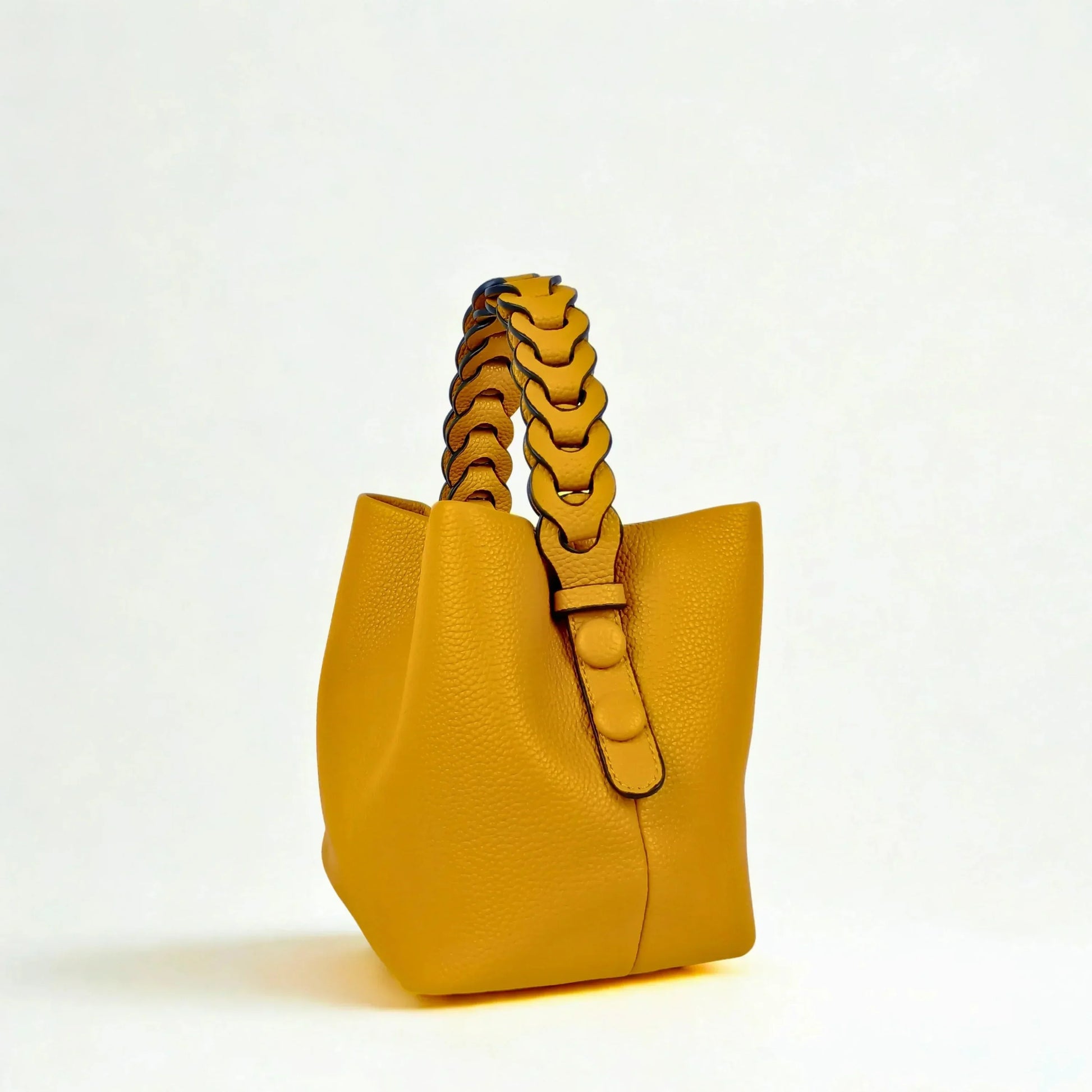 Mustard Yellow Leather Bucket Handbag with Braided Handle - Stile Donna Bags