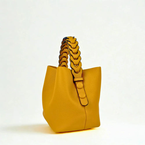 Mustard Yellow Leather Bucket Handbag with Braided Handle - Stile Donna Bags