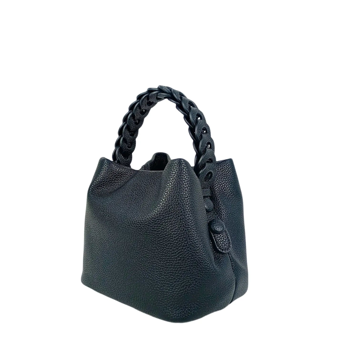 Black textured leather bucket handbag with braided handle, ideal for women’s bags & wallets online