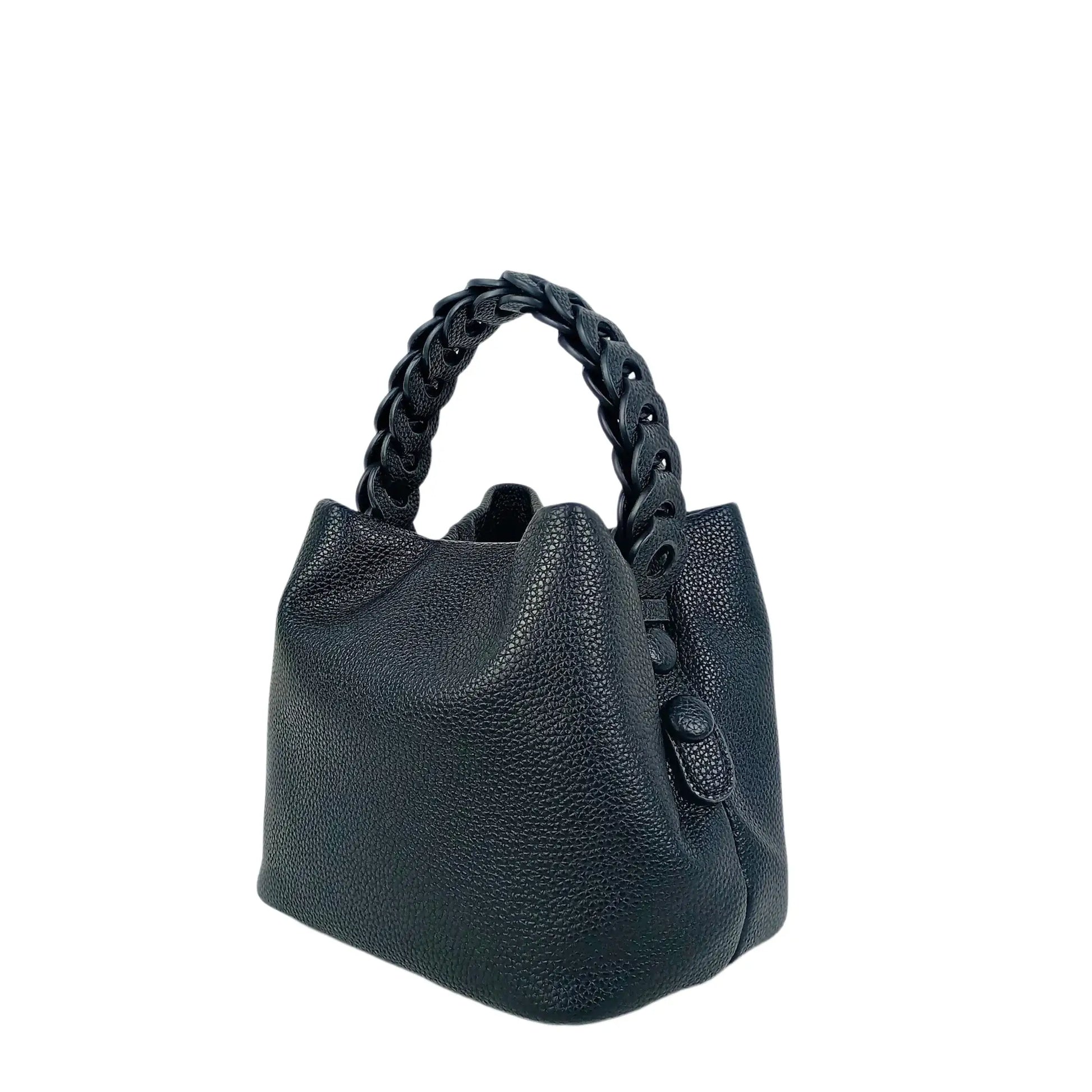 Black textured leather bucket handbag with braided handle, ideal for women’s bags & wallets online