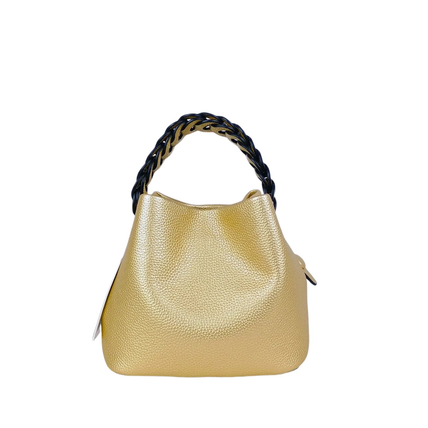 Shiny gold bucket handbag with braided black and gold handle, ideal for women’s bags & wallets