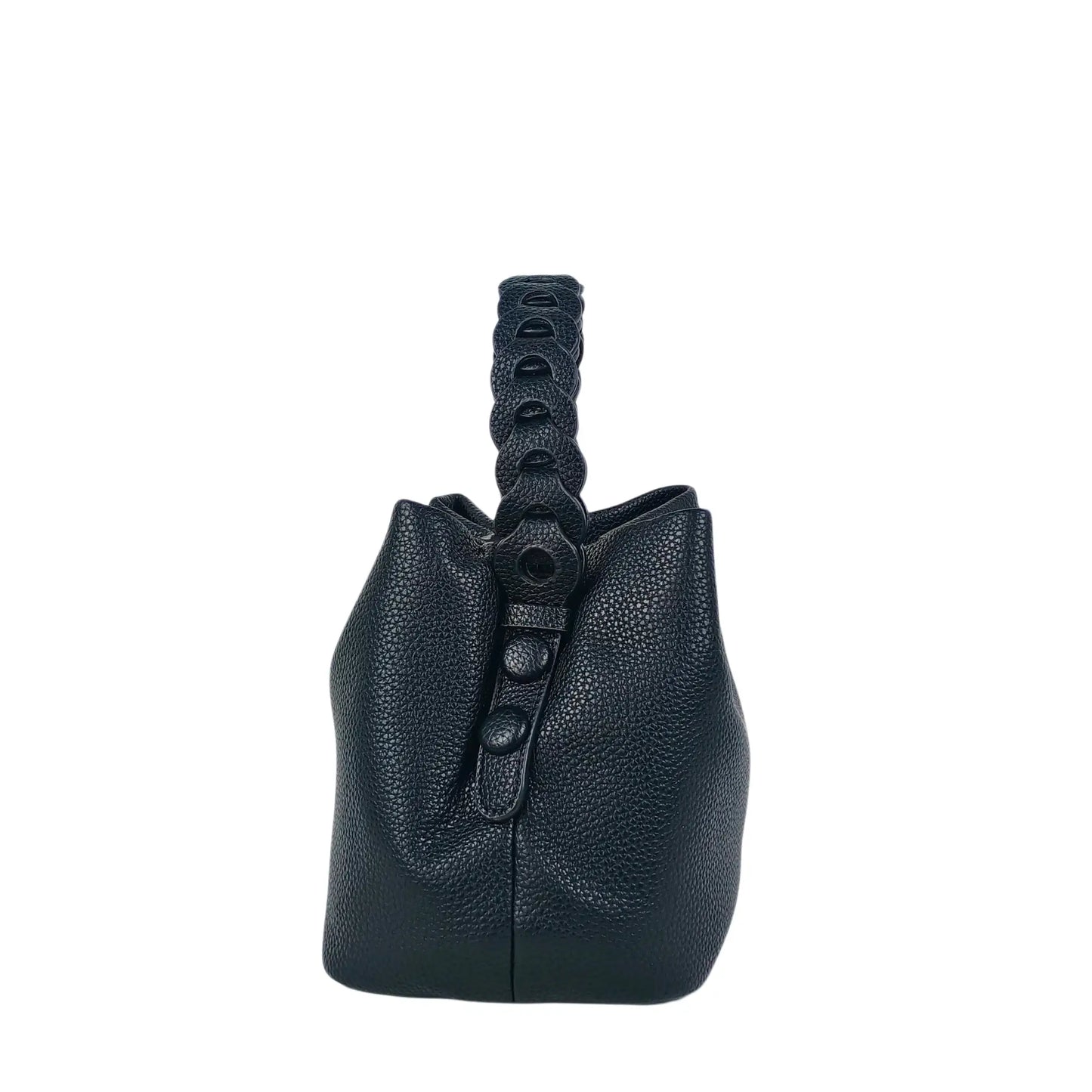 Dark blue textured leather bucket handbag with braided handle, ideal for women’s bags & wallets