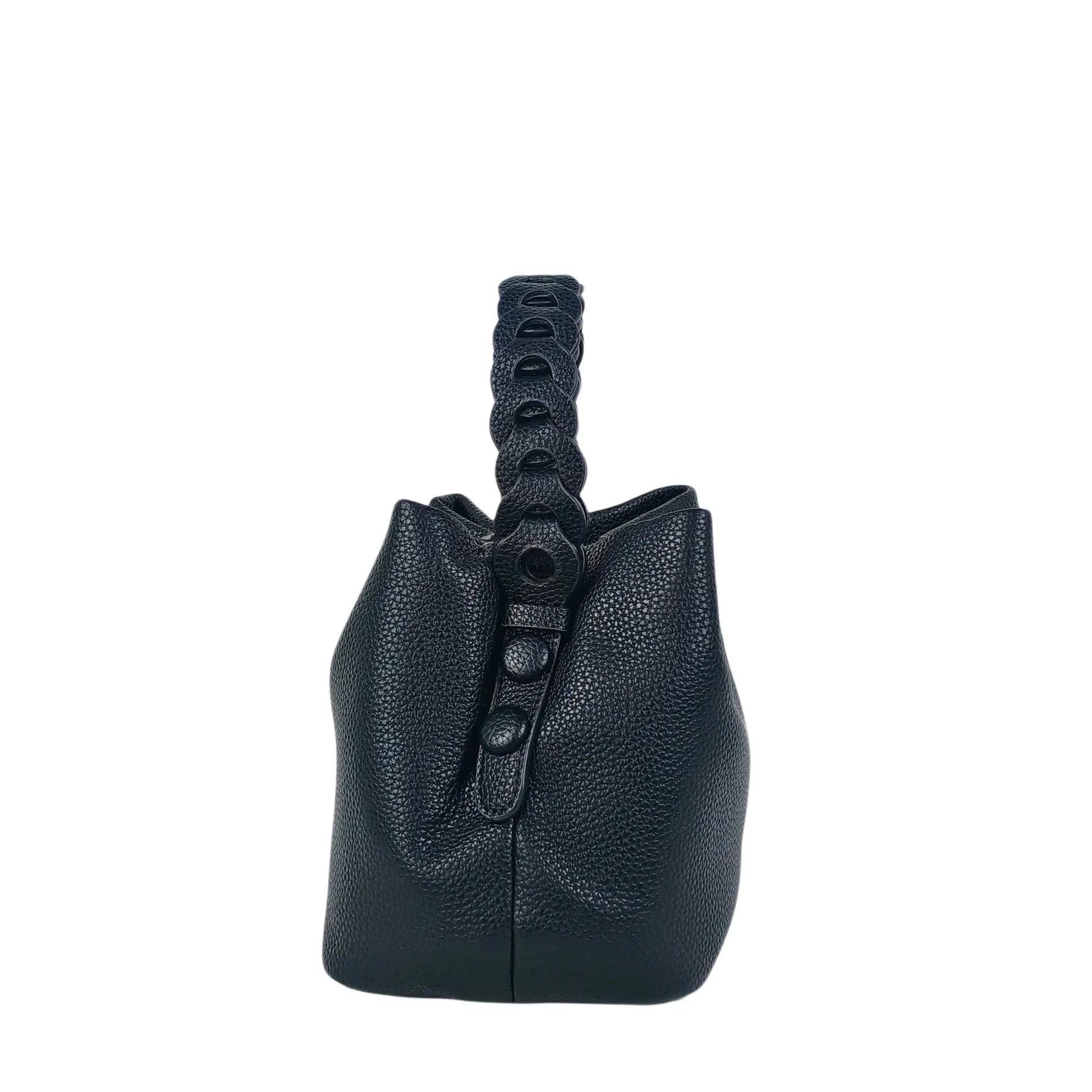 Dark blue textured leather bucket handbag with braided handle, ideal for women’s bags & wallets