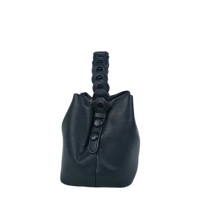 Dark blue textured leather bucket handbag with braided handle, ideal for women’s bags & wallets