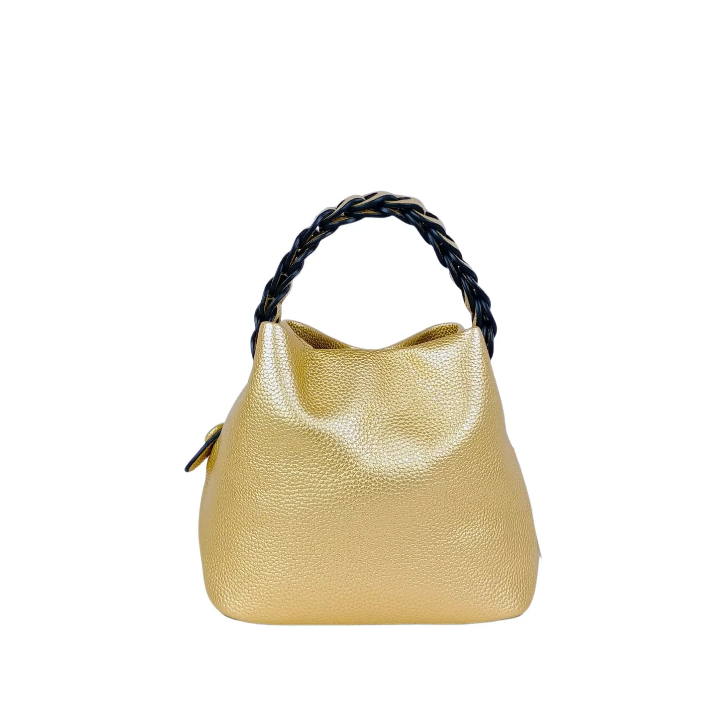 Gold-colored pebbled leather bucket handbag with braided handle, ideal for women’s bags & wallets