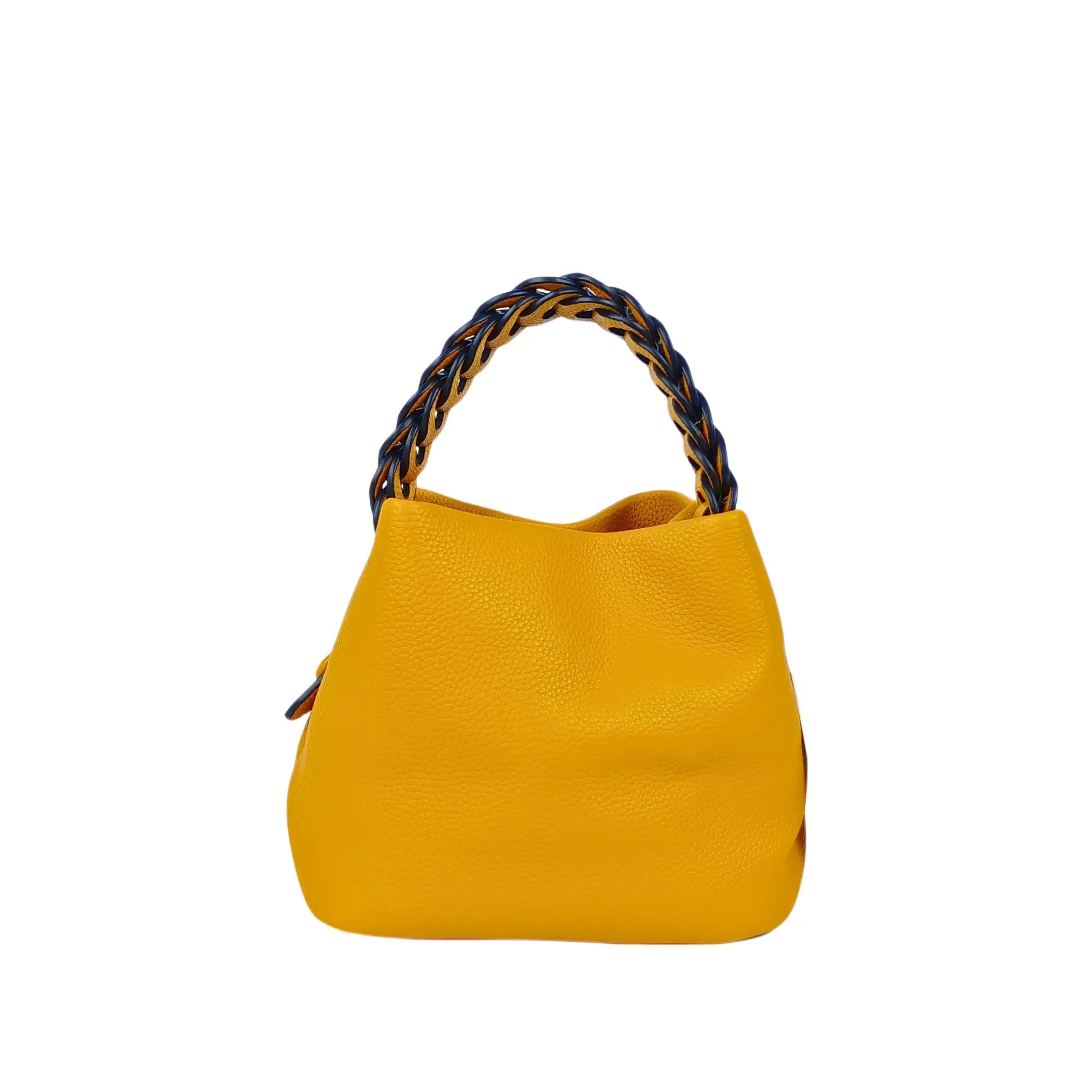 Yellow pebbled leather bucket handbag with braided handle, ideal for women’s bags & wallets