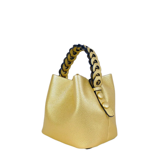 Shimmering gold bucket handbag with braided handle, ideal for women’s bags & wallets online