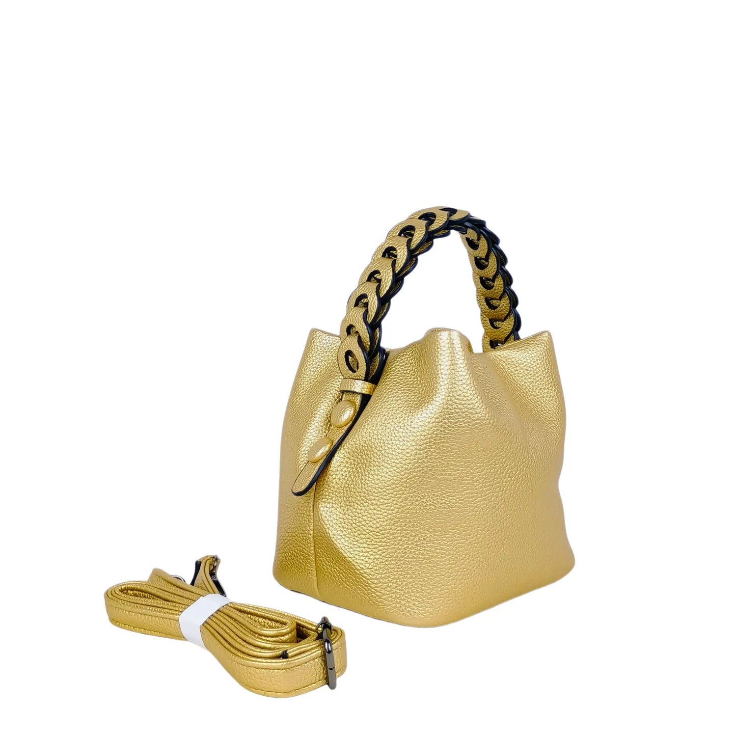 Metallic gold textured leather bucket handbag with braided handle, ideal for women’s bags & wallets, available online