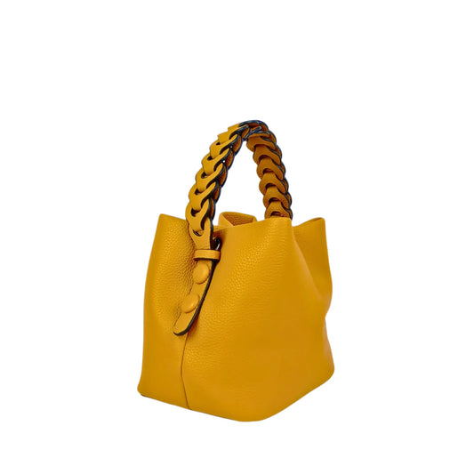 Textured mustard yellow leather bucket handbag with braided handle, ideal for women’s bags & wallets